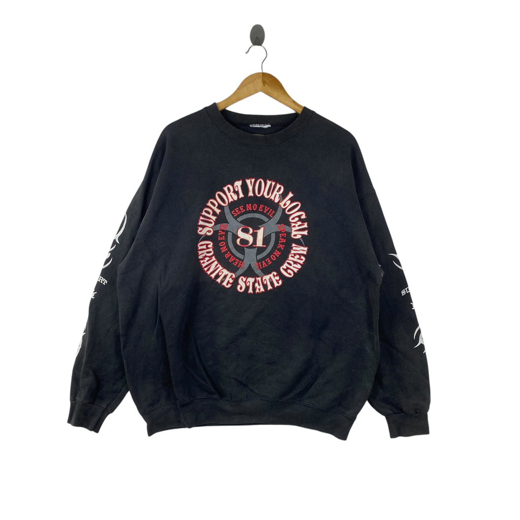 Vintage 81 GRANITE STATE “Support Your Local New England” Graphic Sweatshirt Crewneck Long Sleeve Tribal Sleeve Print Retro