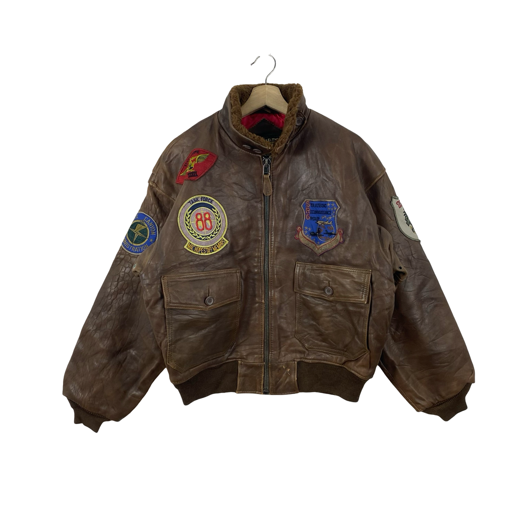 Vintage DISTRESSED Leather Bomber Jacket Military Patch Flight Genuine Leather Aviator Biker Jacket Retro Streetwear Outerwear Coat