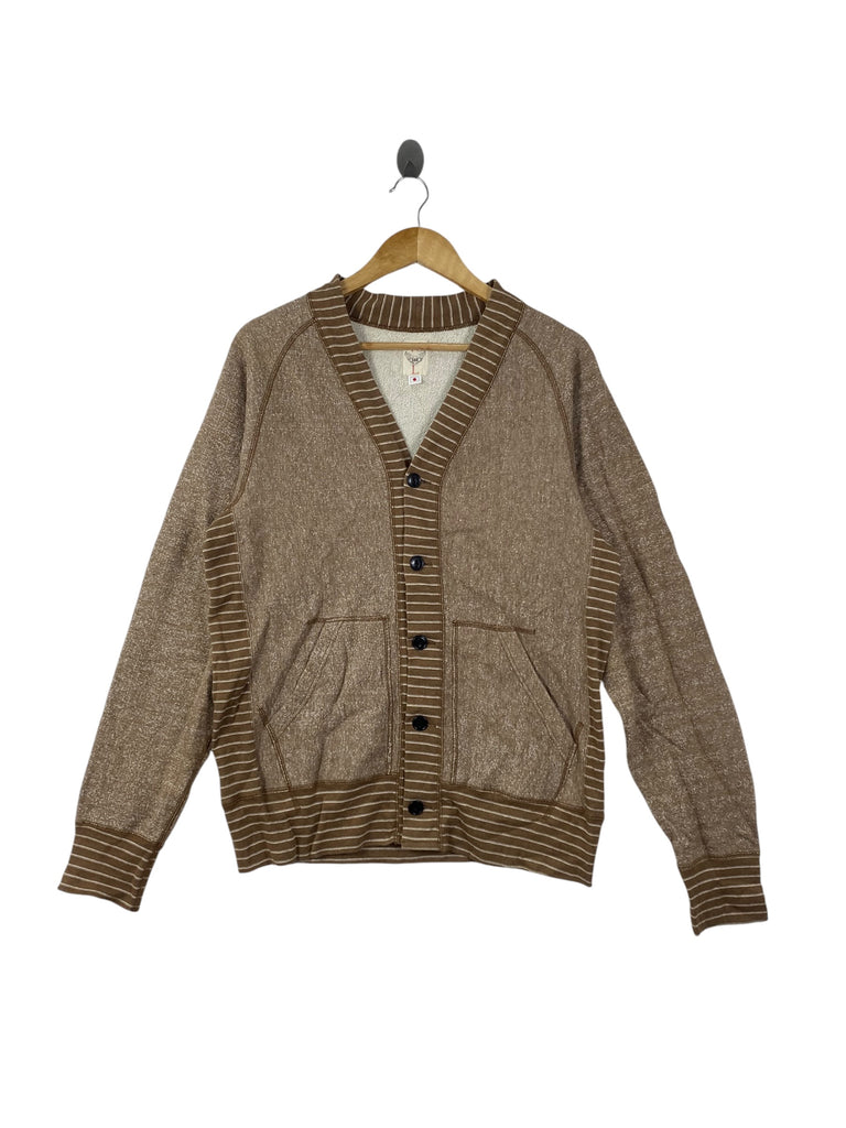 Vintage JAPANESE Knit Cardigan Sweater Striped Ribbed Trim Full Button Front Front Patch Pockets Cozy Fleece Interior