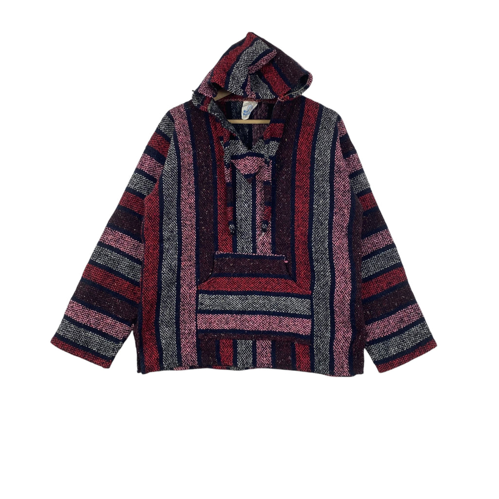 Vintage SAN PATRICIO MEXICAN Baja Hoodie Pullover Striped Woven Hippie Boho Surfer Jacket Grunge Streetwear Retro Festival
