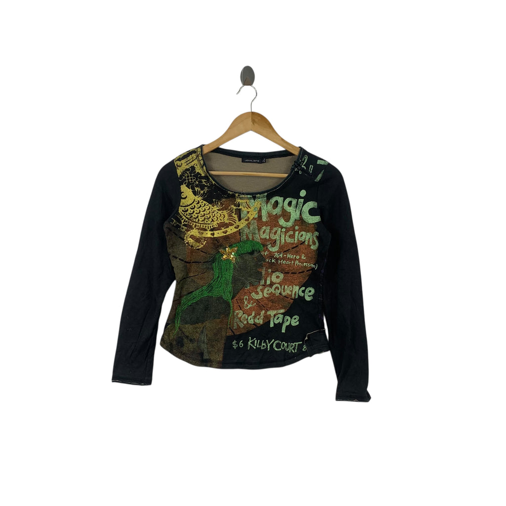 OYLIFE KILBY COURT  Rhinestone Bling Abstract Tee Shirt Top Long Sleeve