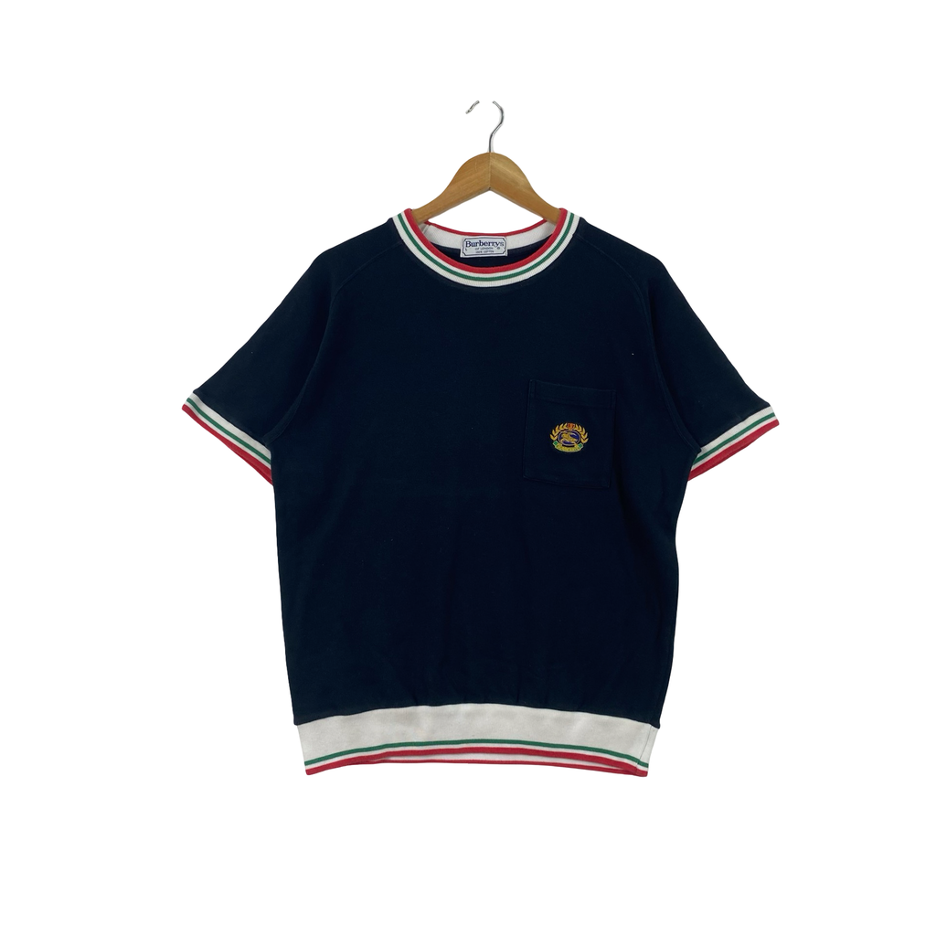 Vintage BURBERRYS Pocket T-Shirt Sweatshirt Top with Striped Trim Embroidered Crest Logo