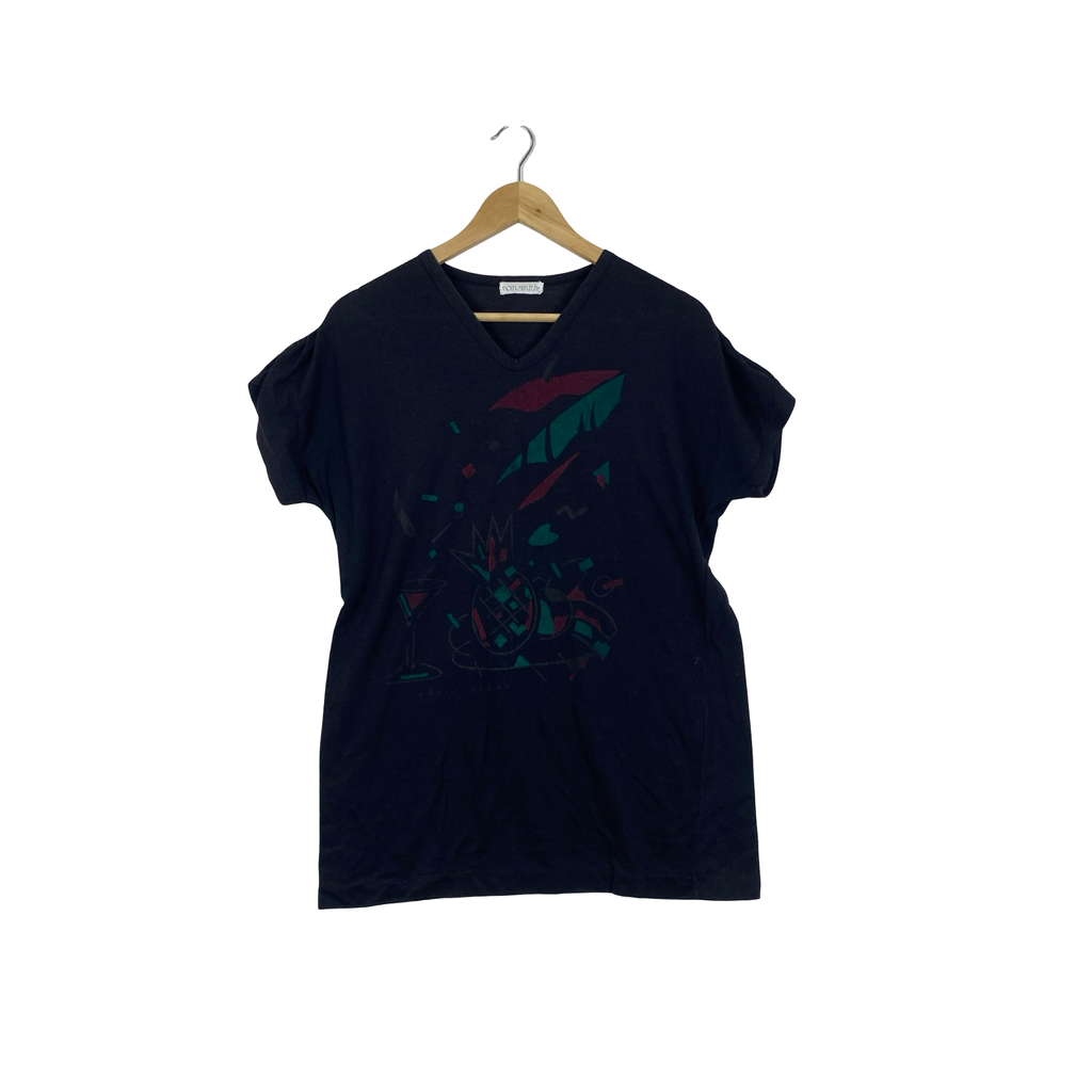 Vintage RON SMITHS Abstract Graphic V-Neck Retro Art Print Casual Tee Shirt Oversized Streetwear