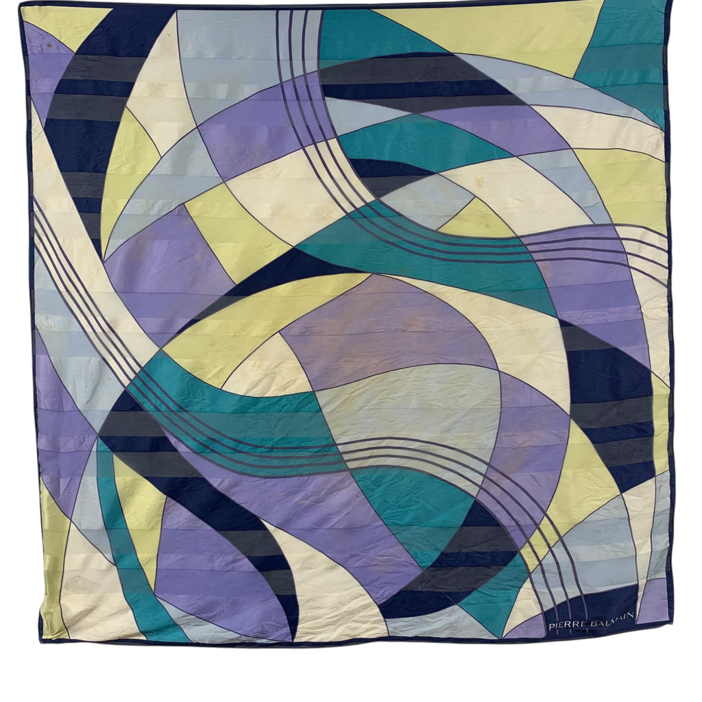 Vintage PIERRE BALMAIN PARIS Abstract Geometric Silk Scarf Hand Rolled Shawl Neckerchief Curvilinear Patchwork