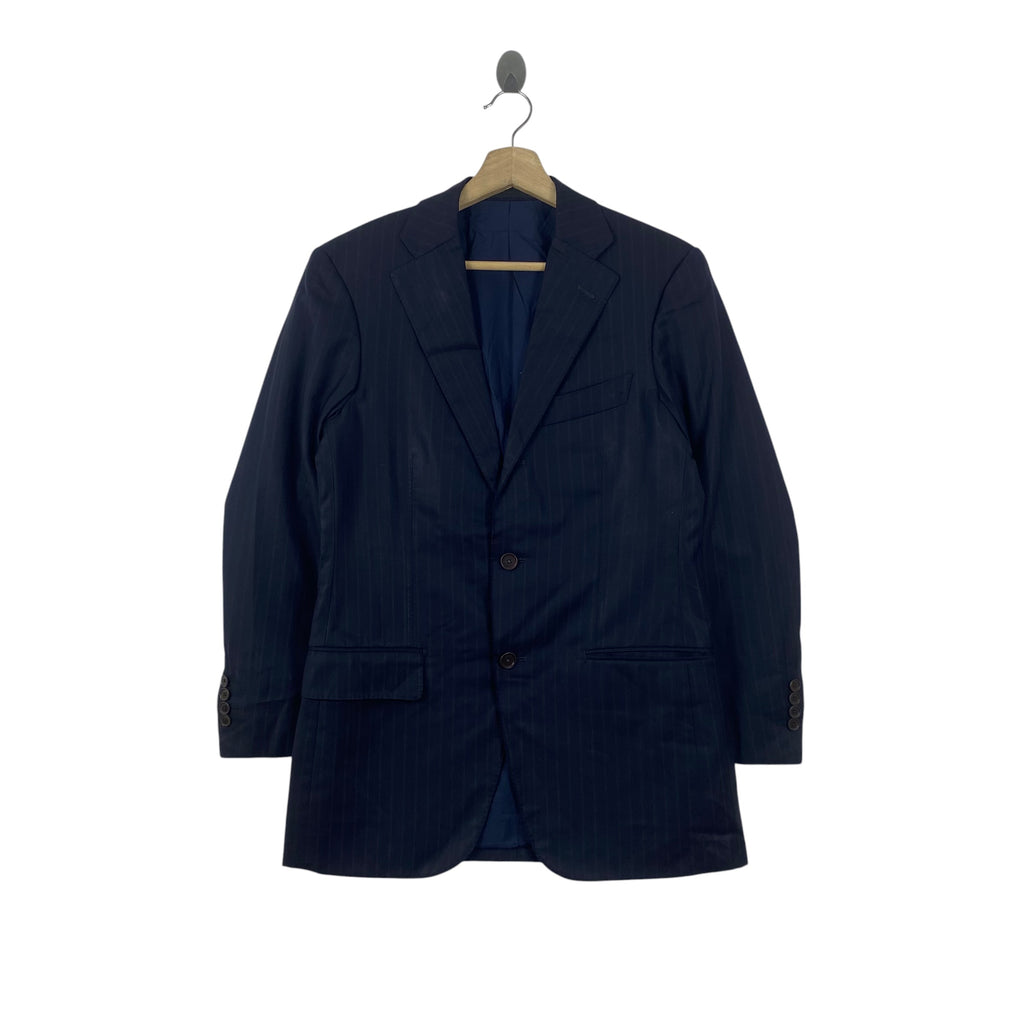 Vintage INTERNATIONAL GALLERY BEAMS Pinstripe Blazer Jacket Classic Tailored Two Button Suit Coat with Contrast Satin Trim Notch Lapel Flap Pockets and Premium Inner