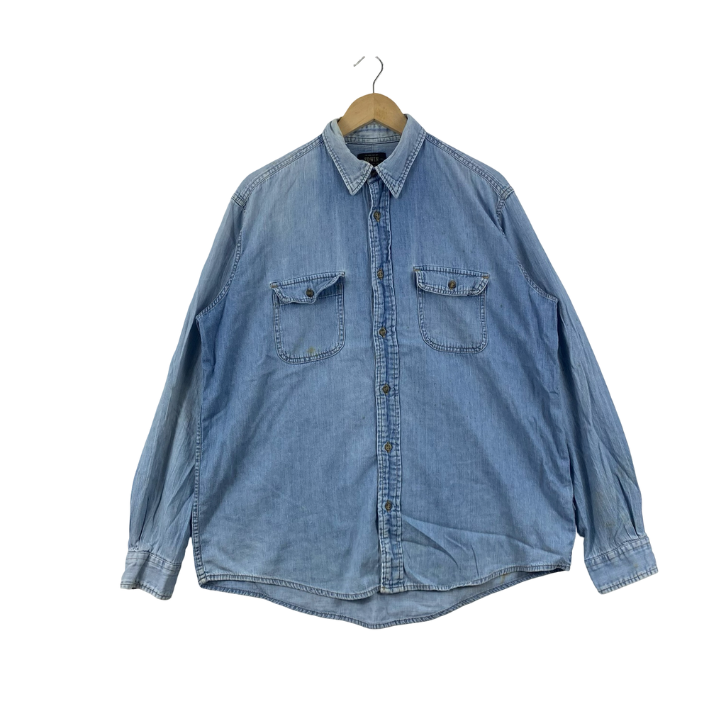 Vintage EDWIN Light Wash Chambray Denim Work Shirt Button Up Long Sleeve Two Pocket Casual Overshirt