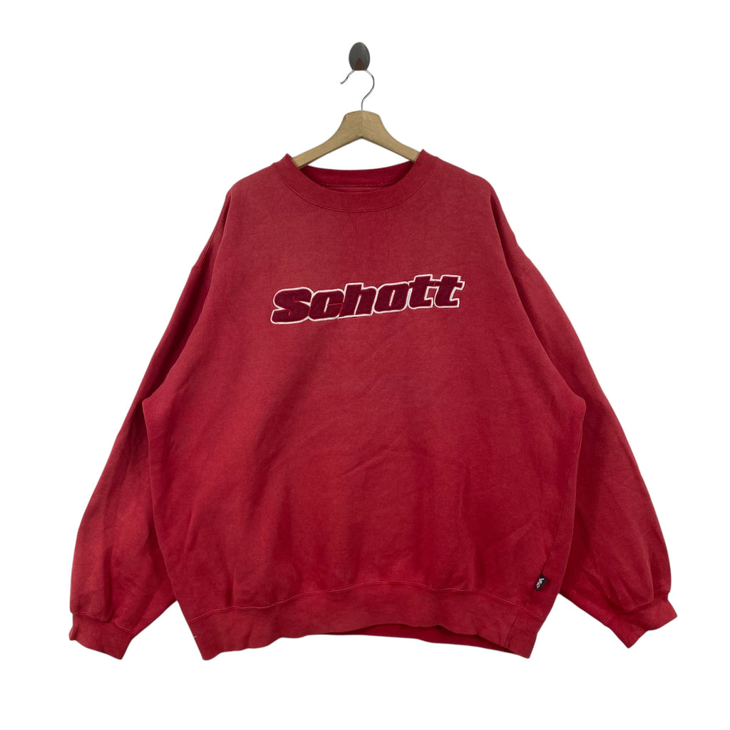 Vintage SCHOTT NYC Crewneck Sweatshirt Embroidered Big Logo Pullover Streetwear Oversized Style Distressed Faded