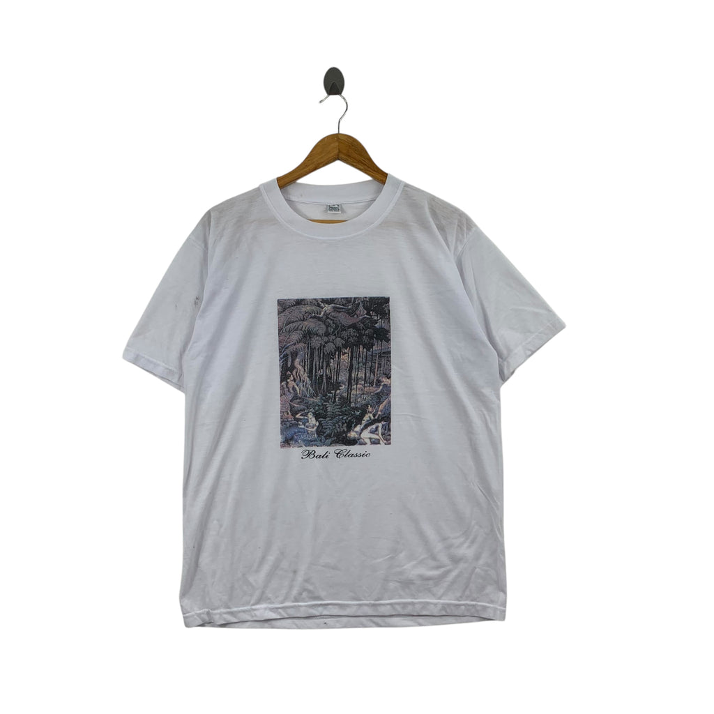 Vintage BALI ART GODDESS Cultural Painting Tee Shirt Top Beach Bar Summer
