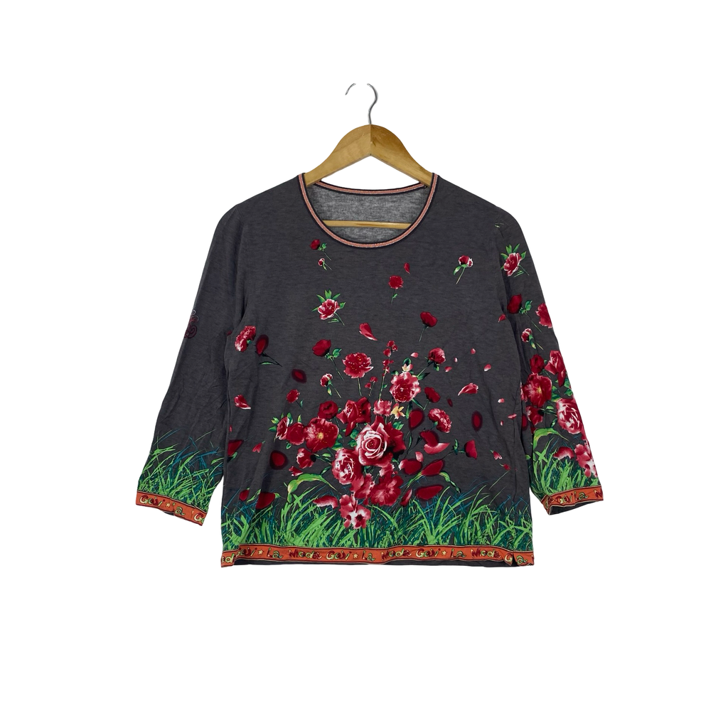 Vintage JAPANESE FLORAL ROSE Blouse Top Garden Graphic Stretch Shirt Retro Fashion
