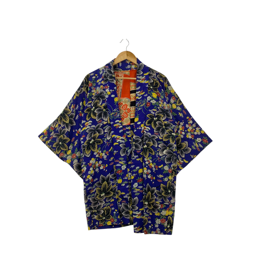 Vintage 70s KIMONO JAPAN SAKURA Floral AOP Sukajan Coat Jacket Traditional Temple