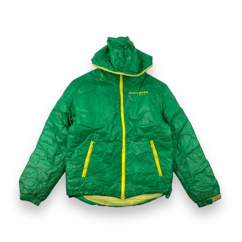 Vintage BODY GLOVE California 1953 Embroidery Puffer Jacket Windbreaker Green Yellow Trim With Removable Hood