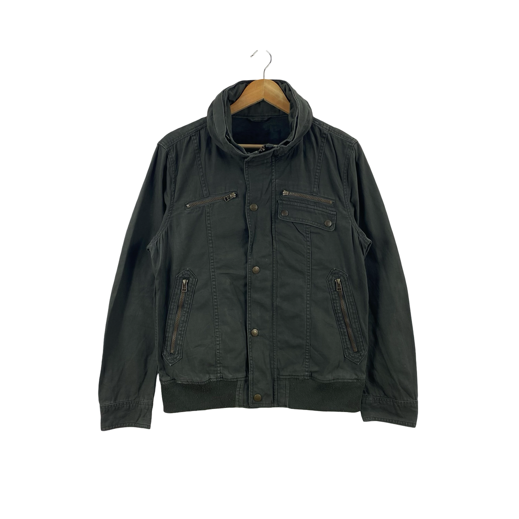 VON DUTCH  Olive Hooded Field Bomber Jacket Multi Pocket Utility Style