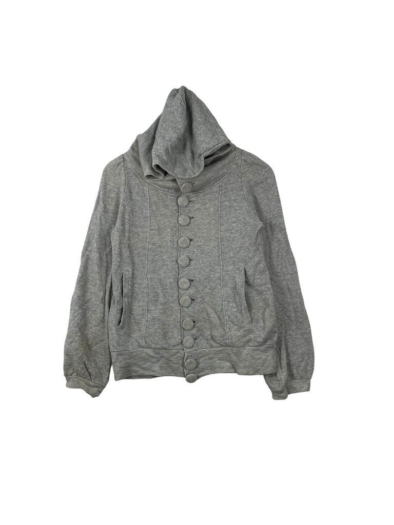 Vintage GG Hooded Button-Up Sweatshirt Jacket Full Button Front Fitted Utility Style Long Sleeve Casual Outerwear Minimalist Streetwear