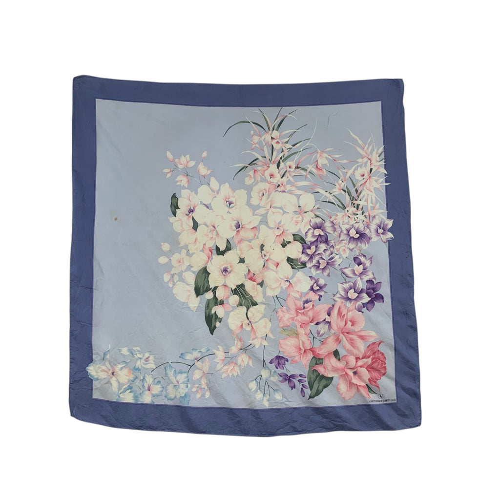 Vintage VALENTINO GARAVANI ITALY Pastel Floral Silk Scarf Hand Rolled Shawl Neckerchief Bouquet Print