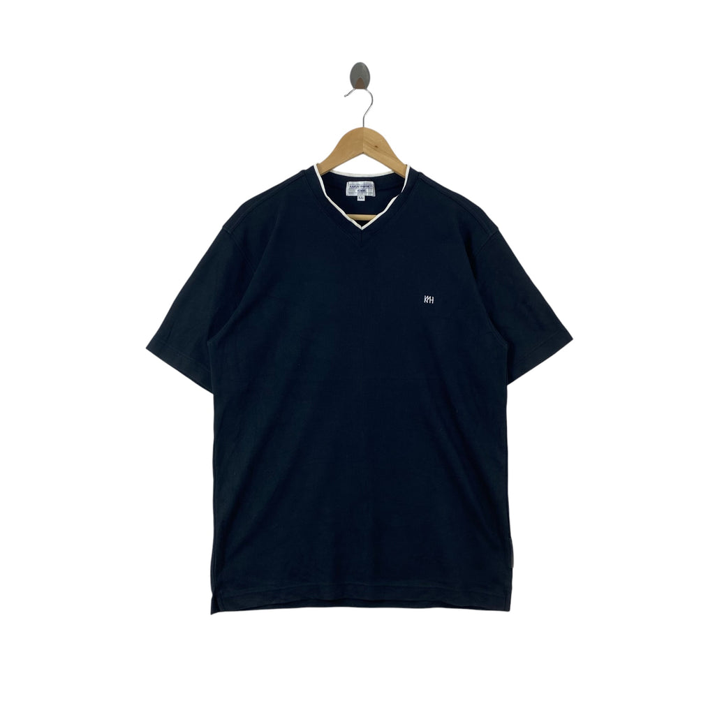 Vintage KANSAI YAMAMOTO HOMME  V-Neck Tee Shirt Contrast Trim Minimal Embroidered Logo Japanese Designer Short Sleeve