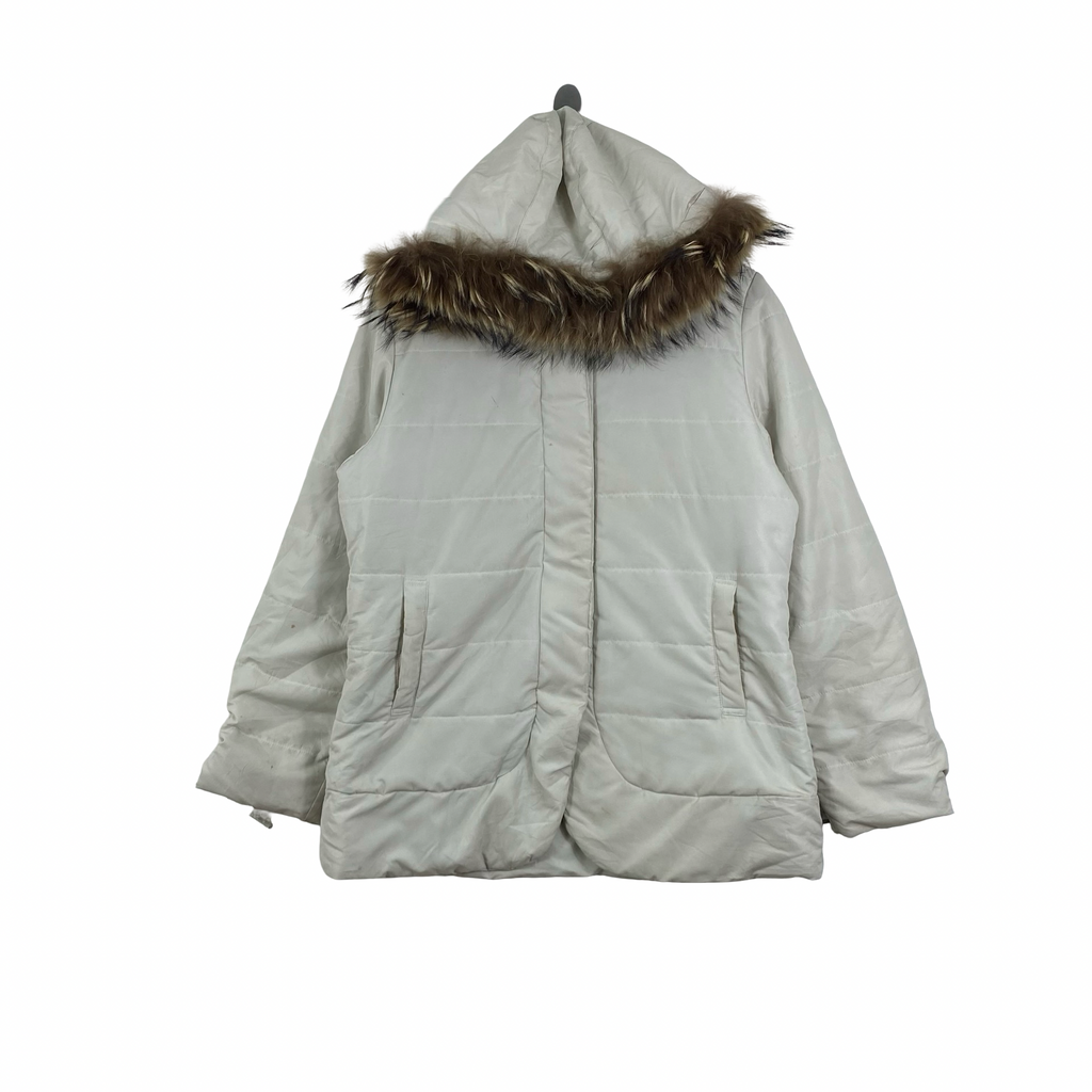 Vintage ELLESSE Ladies Puffer Jacket Fur Trim Hooded Quilted Winter Coat JASPO