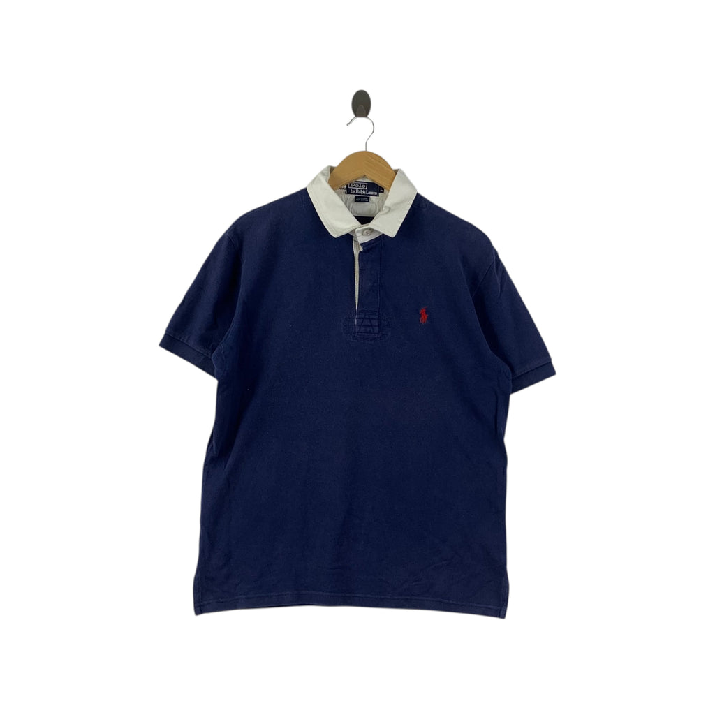 Vintage 90’ POLO RALPH LAUREN Small Pony Rugby Tee Shirt Top Blue Short Sleeve