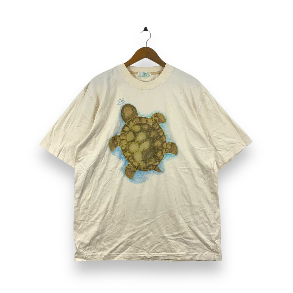 Vintage SAVE THE TURTLE Save Me Ocean Preserve Green Cotton Tee Shirt Top Eco Friendly Beige