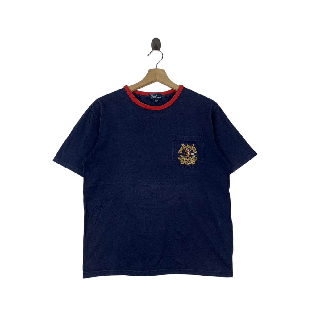 Vintage POLO RALPH LAUREN Cross Flag Embroidered Tee Shirt Top Pocket Olympic