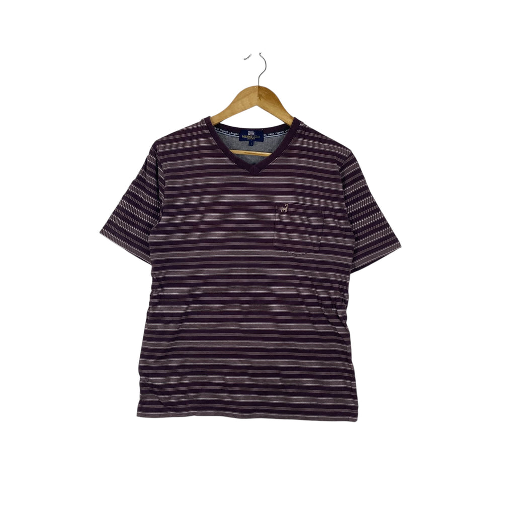 Vintage MICHIKO LONDON JEANS Striped V-Neck Tee Shirt with Chest Pocket Short Sleeve Casual Streetwear