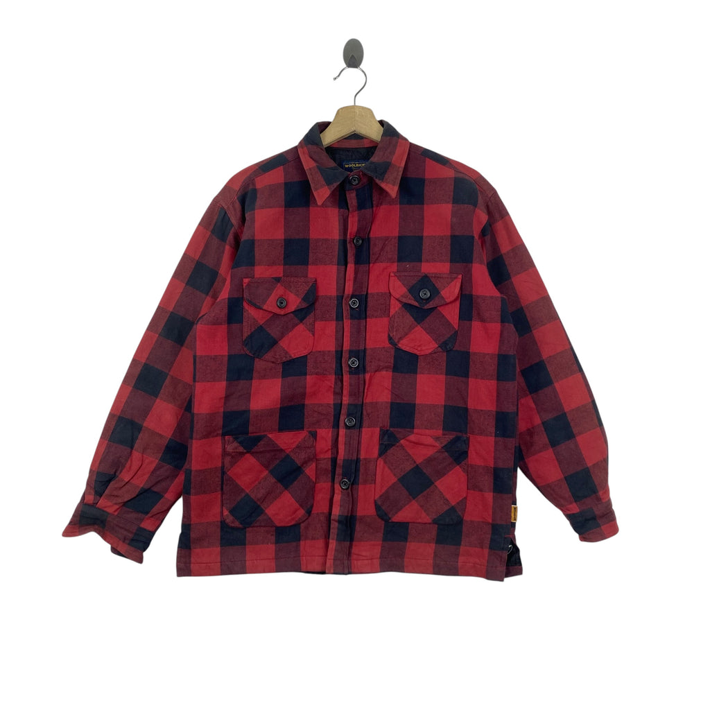 Vintage WOOLRICH  & BUFFALO Plaid Flannel Shirt Jacket Quilted Lining Pocket Utility Overshirt Button Front