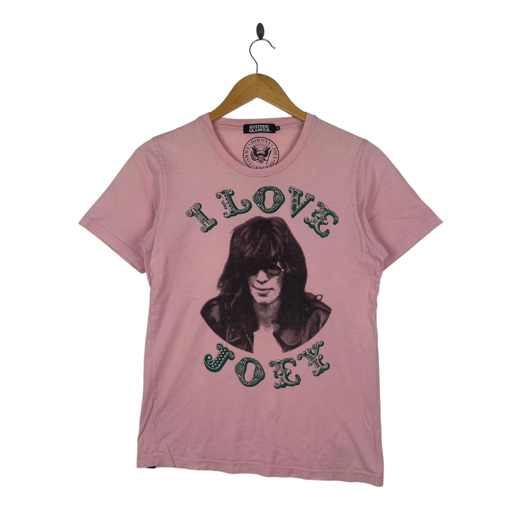 HYSTERIC GLAMOUR x RAMONES I Love Joey Tee Shirt Top Joey Ramone Print Pink Short Sleeve