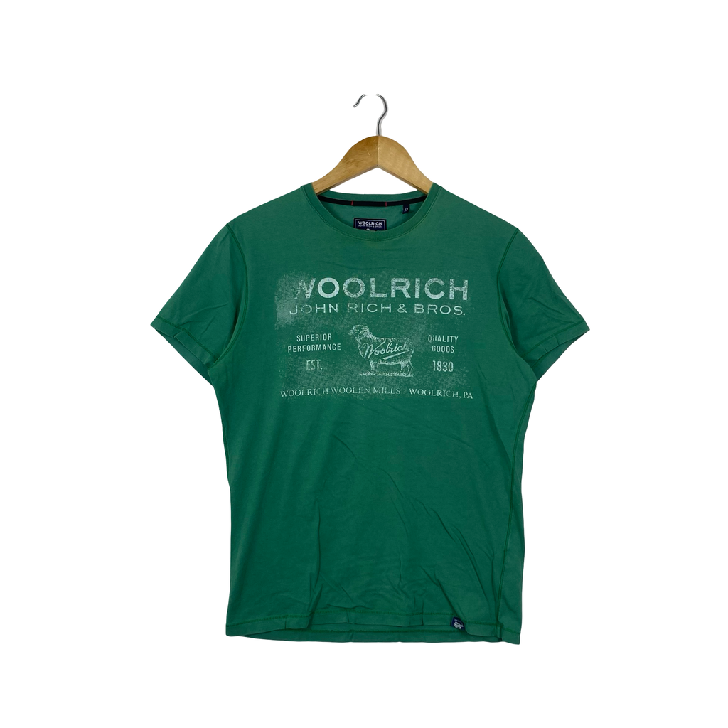 Vintage WOOLRICH JOHN RICH & BROS Graphic Logo T-Shirt Outdoor Heritage Distressed Print Crewneck Streetwear