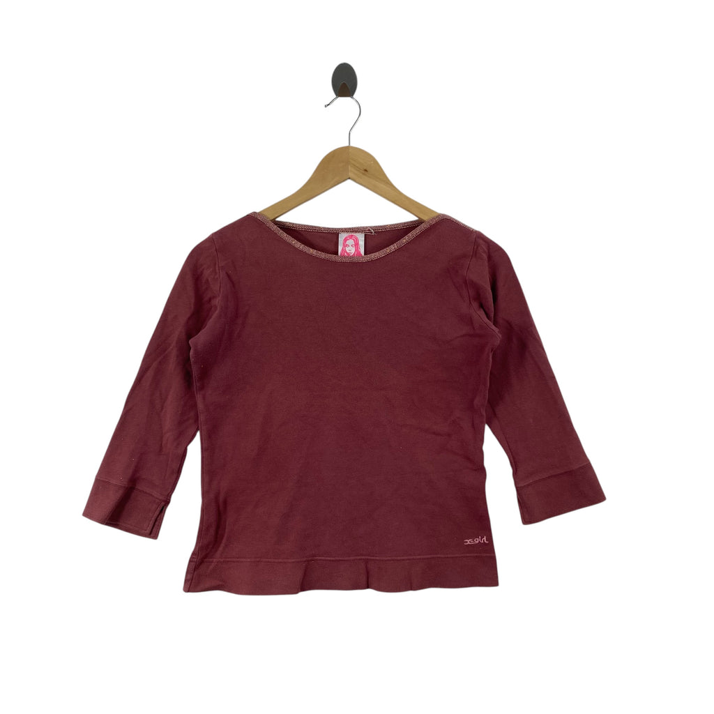 X-GIRL 3/4 Sleeve Top Solid Crew Neck Casual Japan Y2K Tee