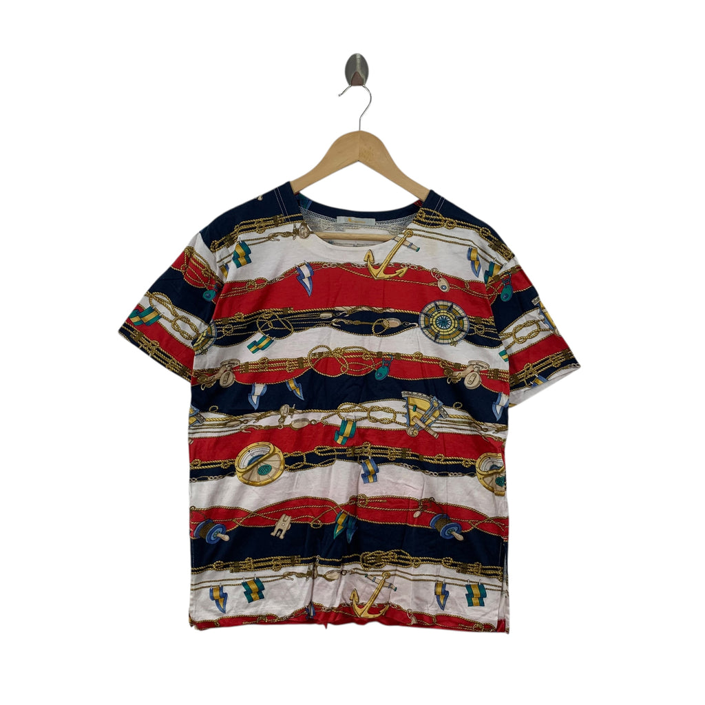 Vintage AQUASCUTUM LONDON BAROQUE Nautical AOP Tee Shirt Top All Over Print