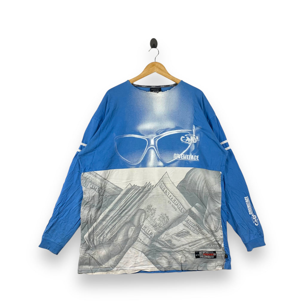 Vintage Y2K GMF GIVE ME FACE Hip Hop Rap AOP Tee Shirt Money Graphic Long Sleeve 2000s Streetwear