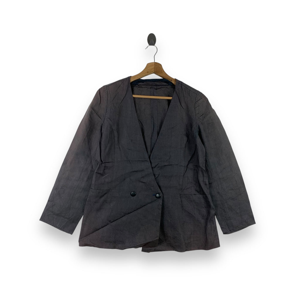 Vintage UNGARO PARALLELE PARIS Natural Faded Linen Coat Blazer Charcoal Double Breasted Jacket