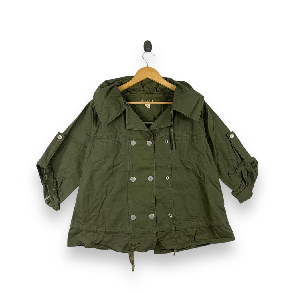 Vintage QUIKSILVER Olive Green Hooded Jacket Button Oversized Fit Roll Up Sleeves