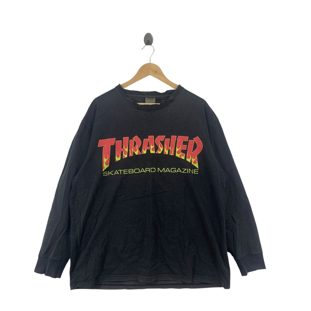 Vintage THRASHER MAGAZINE SKATEBOARD Flame Tee Shirt Top Tribal Design Long Sleeve