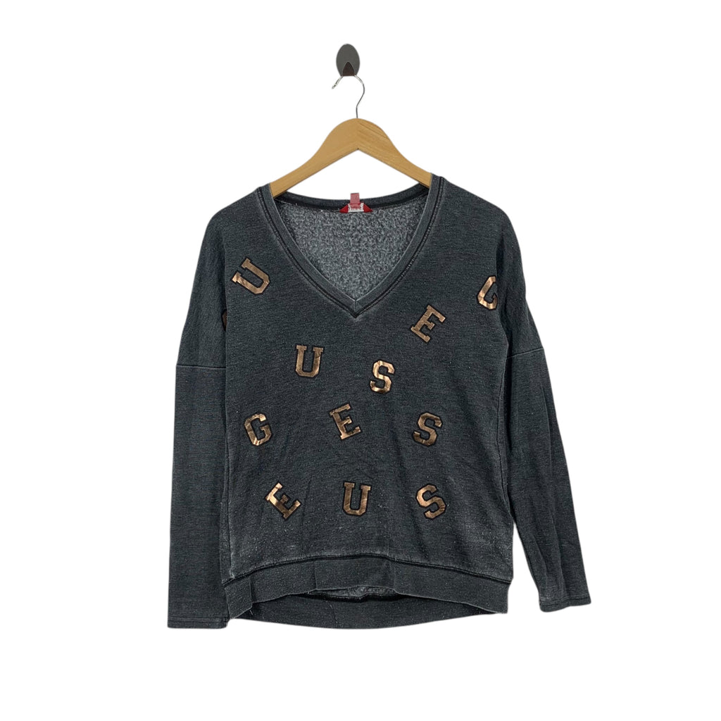 GUESS LOS ANGELES Collection Stone Faded V Neck Sweatshirt Sweater Embossed Logo Pullover Jumper