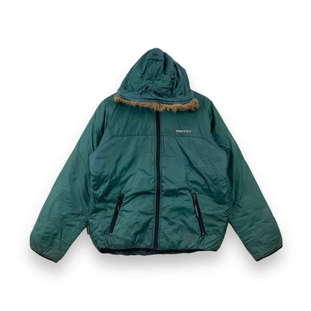 Vintage PERTEX SUBMISSION OUTDOOR Green Puffer Jacket Faux Fur Hooded Winter Coat Windbreaker
