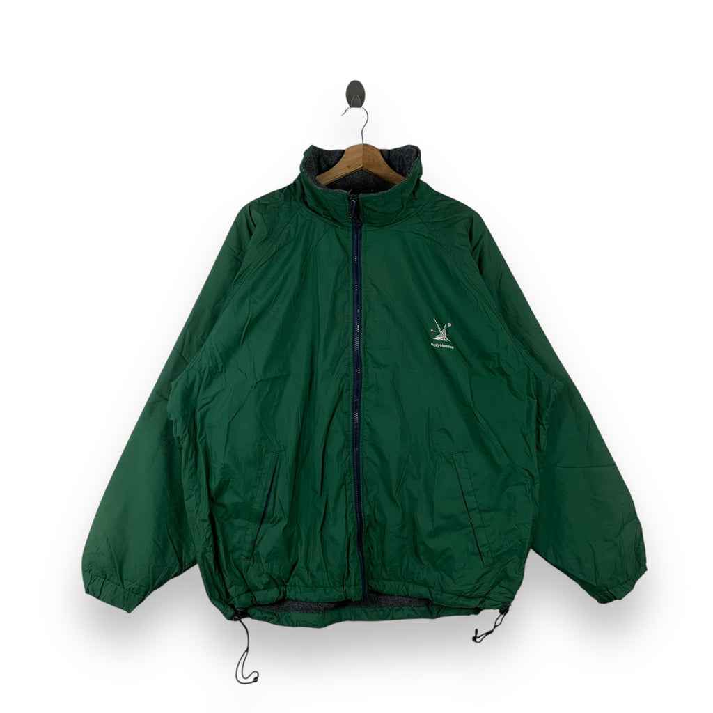 Vintage HELLY HANSEN Sailing Gear Outdoor Warm Jacket Embroidered Sail Logo Green Fleece Lined Windbreaker