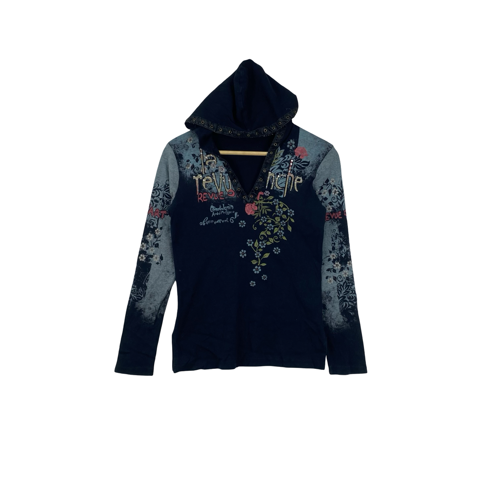 Vintage Y2K Floral Graphic Hooded Long Sleeve Top Artsy Boho Fairy Grunge Hoodie