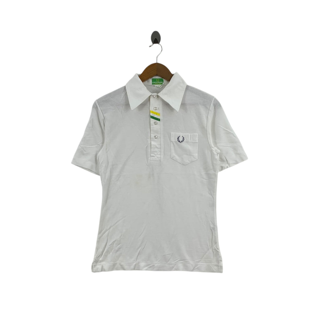 Vintage 80' FRED PERRY Sportswear Laurel Wreath Polo Tee Shirt Top Small Embroidered Logo White Short Sleeve