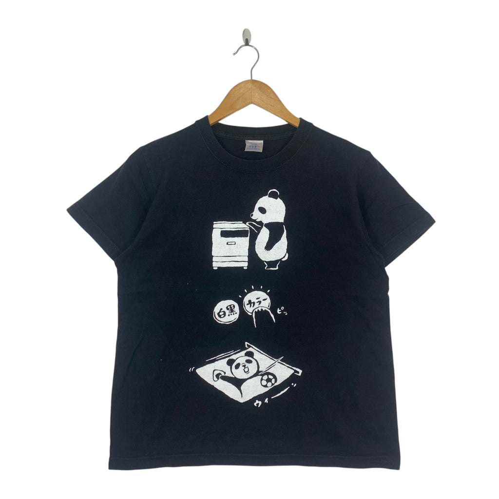 JAPANESE PANDA Anime Cartoon Illustration Tee Shirt Top Comic Style Black Short Sleeve