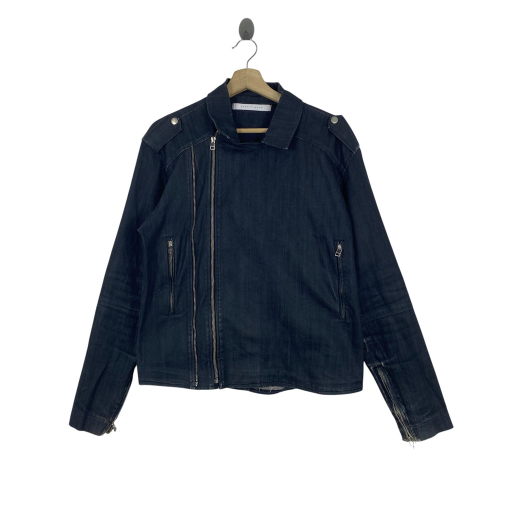 LORD VIKTOR Asymmetric Zip Denim Jacket  Dark Indigo Jean Biker Style with Shoulder Tabs,Multiple Zipper Pockets