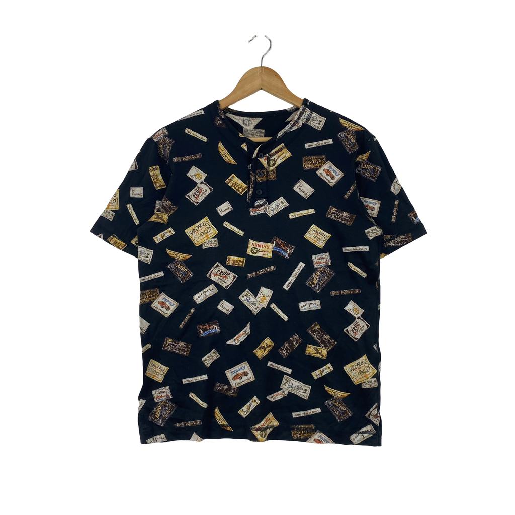 Vintage POSTAGE STAMP ALLOVER Print Henley Graphic Pattern Retro Streetwear