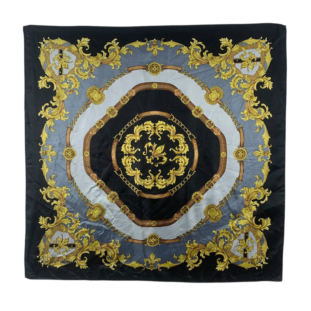 Vintage BAROQUE GOLD ROCOCO Scrollwork Silk Scarf Hand Rolled Shawl Neckerchief