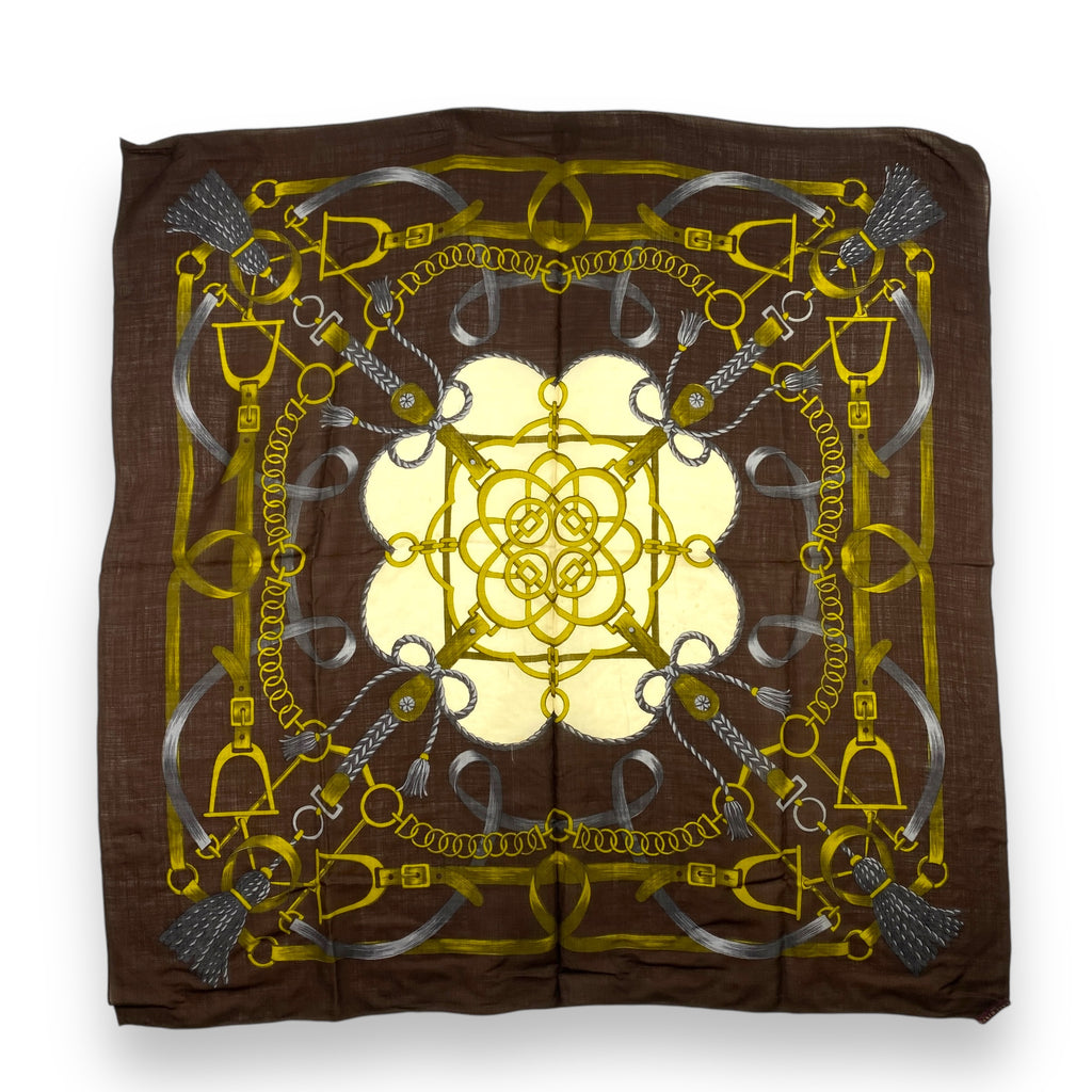 Vintage LALI RIVER Scarf Shawl Made In Italy 100% Wool  Baroque Equestrian Design In Brown & Gold