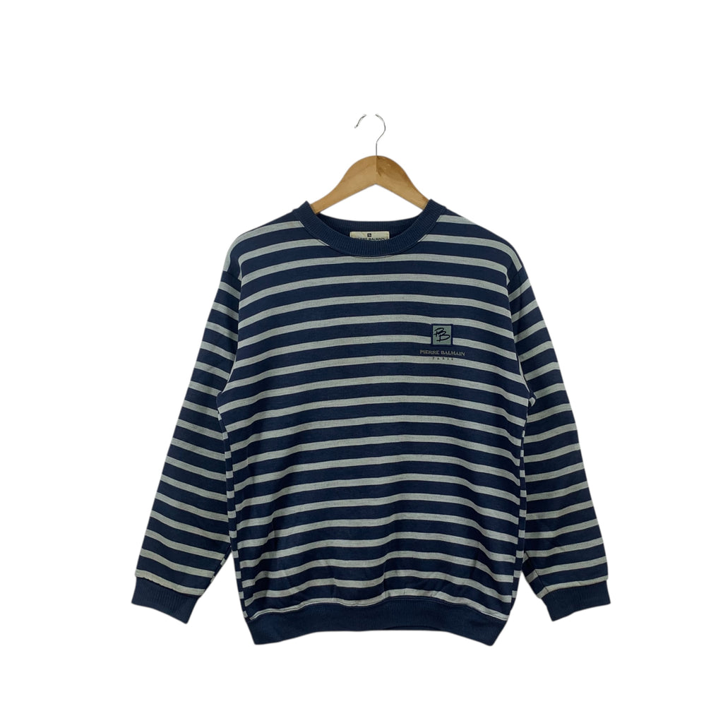 Vintage PIERRE BALMAIN PARIS PB Striped Embroidered Sweatshirt Sweater Pullover Embossed Logo
