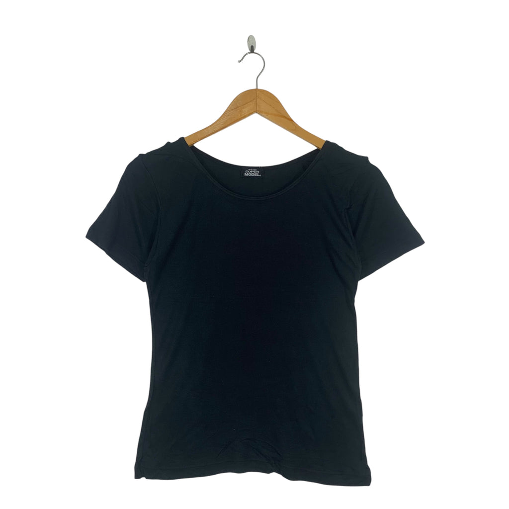 THE SUPER MODEL Japanese Designer Tee Shirt Top Black Plain Short Sleeve