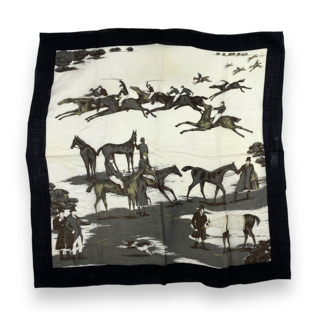 Vintage HORSE RACING & HUNTING Scene Scarf Shawl Border Equestrian Print 100% Wool