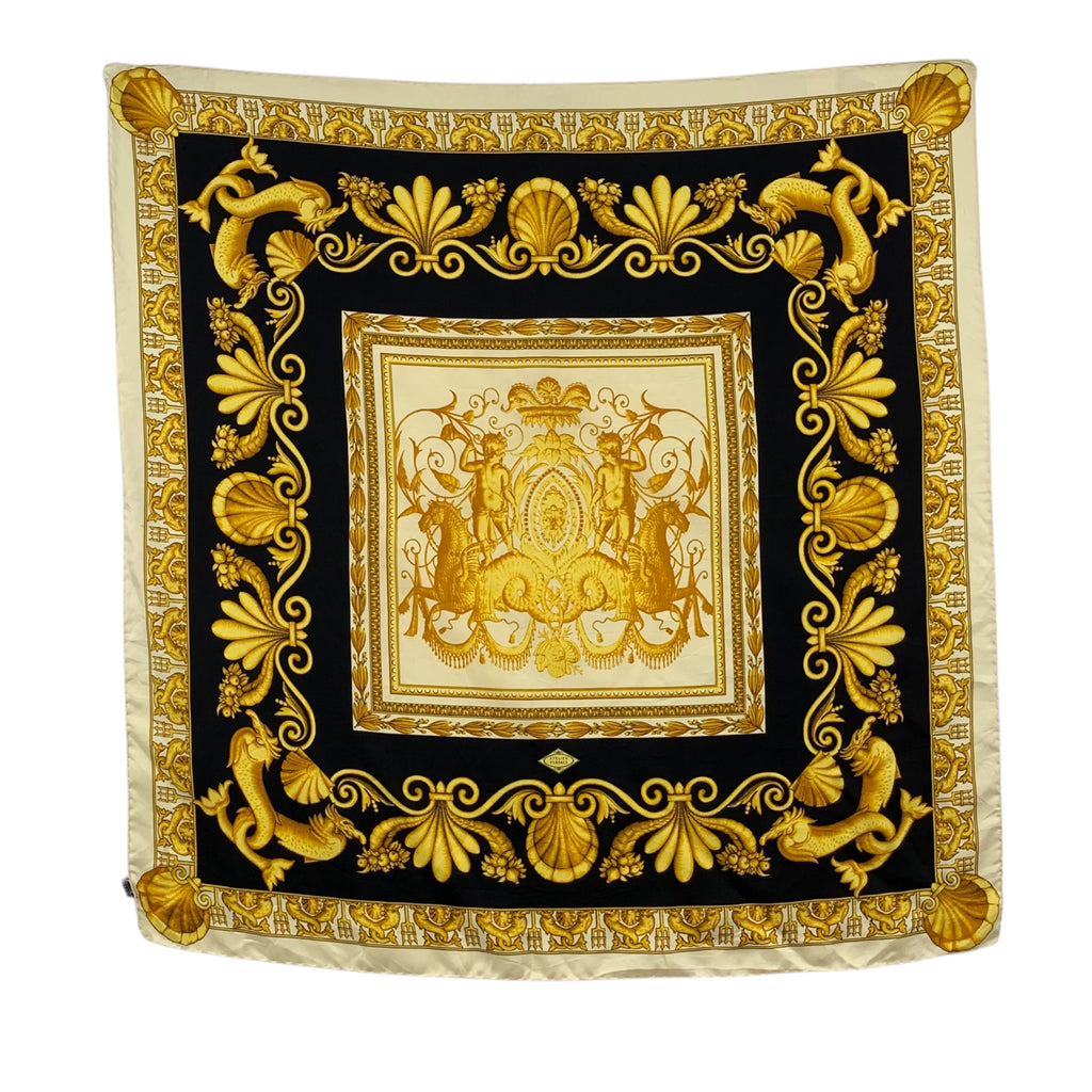 Vintage VERSACE Baroque Shell Dolphin Medallion Silk Scarf Hand Rolled Shawl Neckerchief Made In Italy