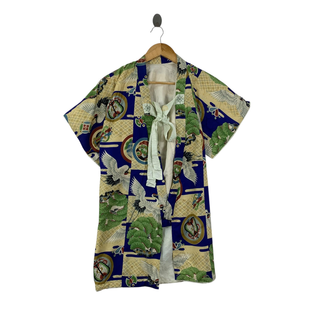 Vintage 70s KIMONO JAPAN  SEIGAIHA CRANE Traditional Geisha Robe Coat Temple Onsen Yukata Dress Jacket Coat