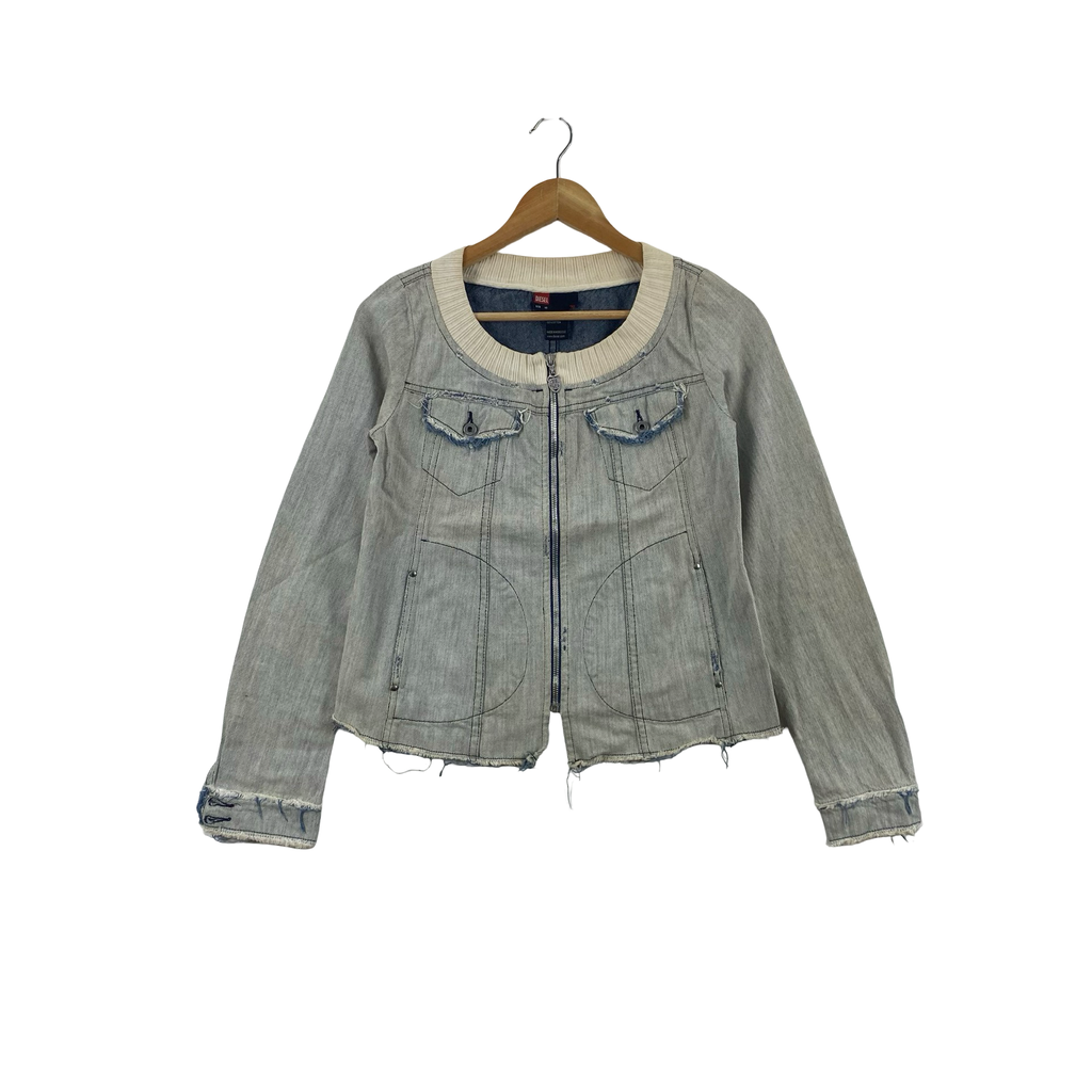DIESEL  Cropped Denim Jacket Zip Front Ribbed Collar Distressed