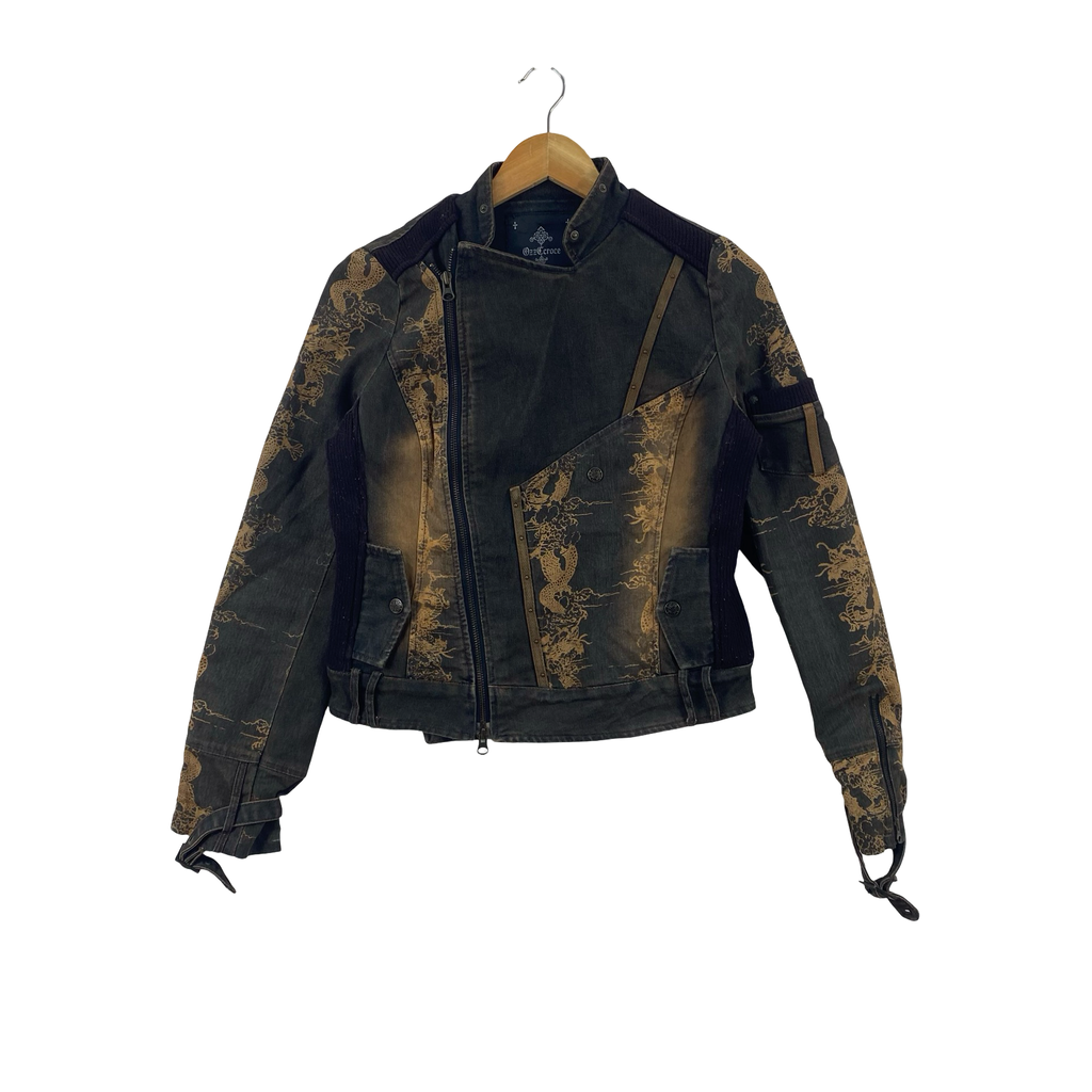 Vintage OZOCROCE GOTHIC DRAGON Print Asymmetrical Cropped Denim Biker Jacket